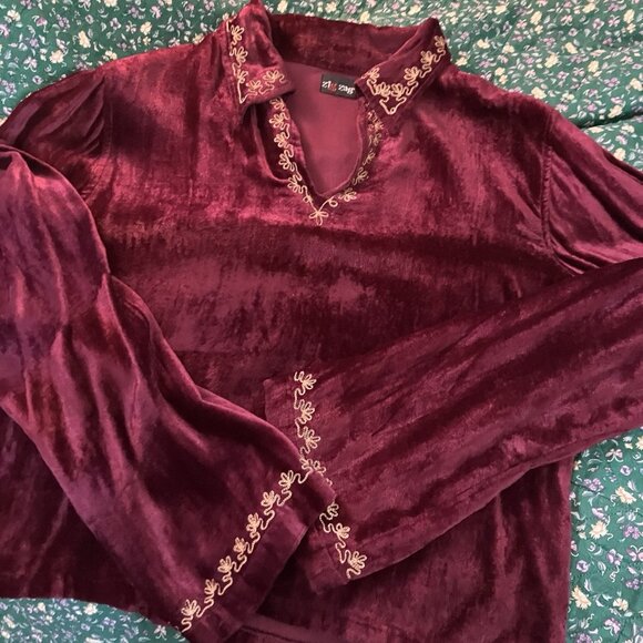 Y2K Zig Zag Zigzag Velvet Shirt Womens M Burgundy Witchy Embroidered Whimsigoth - Picture 5 of 7